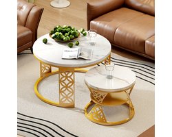 OKWISH Salontafel 2-Delig Set - Rond Hoogglans Marmerlook Tafelblad - Goud Metaal Frame - Modern Stapelbaar - 70×70×45 & 45×45×37 Cm - Wit En Goud