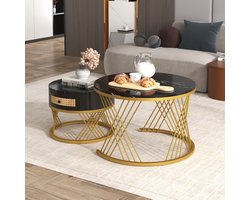 OKWISH Salontafel – 2-delige Ronde Set – Marmormotief Tafelblad – Kunstrotan Laden – Houten Grepen – Gouden Poten – Zwart – 70x70x45,5 / 50x50x38,5 cm