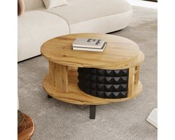 OKWISH Salontafel – 2-Laags – 360 Graden Draaibare Opbergruimte – Draaibaar Vak – Modern Natuurlijk Design – Spaanplaat Naturel – 85,2×80×45,2 cm