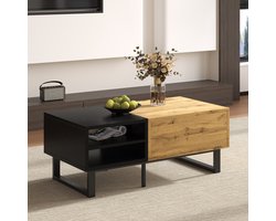 OKWISH Salontafel – 3 Open Vakken En 1 Lade – Industrieel Accent Met Metalen Grepen – Functionele Opbergruimte – Spaanplaat Lichtbruin+Zwart – 100x50x40 cm