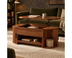 OKWISH Salontafel - Hefblad Met Schuifdeuren En Uittrekbaar Blad - Verborgen Opbergruimte Voor Woonkamer - MDF Walnootkleur - 110 x 55 x 55 cm