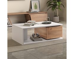 OKWISH Salontafel - Hoogglans Blad Met 360 Graden Draaibare Lade - Met Open Opbergvak - MDF Wit Eikenlook - 90×50×30 Cm