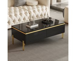 OKWISH Salontafel - Hoogglans Met Dubbele Lade - Voor Woonkamer - Spaanplaat Zwart Met Gouden Details - 100×50×36 Cm