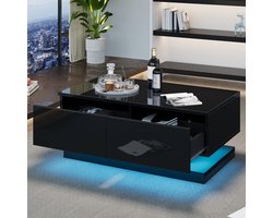 OKWISH Salontafel – Hoogglans Met Ledverlichting Via App – Voor Woonkamer – Spaanplaat Zwart – 90×50×38 Cm Met 2 Lades