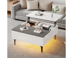OKWISH Salontafel – Hoogteverstelbaar tot 48,5 cm – Met App-LED – Verborgen Dubbele Opbergruimte en Push-Pull Lade – Hoogglans MDF Wit+Grijs – 70x70x35 cm