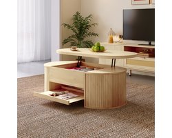 OKWISH Salontafel - In Hoogte Verstelbaar Blad - Met Uittrekbare Onderplank En Opbergruimte - MDF Naturel - 110×55,5×40 Cm