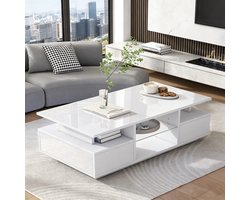 OKWISH Salontafel Met Led Verlichting Met 2 Lades En Open Opbergruimte Met Glazen Legplaten Voor Woonkamer Spaanplaat Wit 100x50x36 Cm