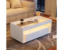 OKWISH Salontafel – Modern – 2 Lades – Met LED-Verlichting (App-Besturing) – Hoogglans Ladefronten – Geharde Glas Bovenplaat – Spaanplaat Wit – 100x50x40 cm