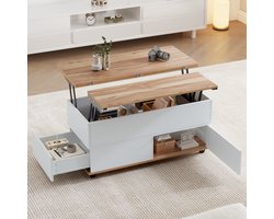 OKWISH Salontafel - Multifunctioneel - 1 Lade 1 Deur - Zonder LED - Met Hydraulische Hefbladen & Wielen - Spaanplaat Wit+Lichtbruin - 100x98x65 cm