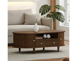 OKWISH Salontafel - Ovaal Met Lade En Roldeur - 100×50×36 Cm - Opbergruimte Voor Woonkamer En Klein Appartement - MDF Walnoot