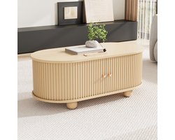 OKWISH Salontafel – Ovaal Ontwerp – 2 Schuifdeuren – Industriële Verticale Structuur – Met Opbergruimte En 180° Opening – MDF Bruin – 100x50x40 cm