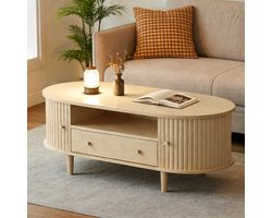 OKWISH Salontafel - Ovale Vorm Met Roldeur En 1 Lade - Voor Woonkamer En Kleine Woning - MDF Eikenlook - 100×50×36 Cm