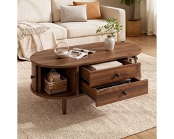 OKWISH Salontafel - Ovale Vorm Met Schuifdeuren En 2 Lades - Hefbaar Blad Voor Woonkamer - MDF Walnoot - 100x50x40 cm