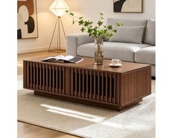 OKWISH Salontafel - Rechthoekige Tafel Met 2 Gitterdeuren En Opbergruimte - Woonkamer Of Slaapkamer - MDF Walnootkleur - 100x50x35 cm