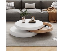 OKWISH Salontafel Rond - 360 Graden Draaibare Bladen - Uitschuifbaar Tot 88 Cm - Met Verborgen Opbergruimte - MDF Wit Naturel - 60x60x35,1