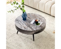 OKWISH Salontafel Rond – Grijze Marmerlook – Voor Woonkamer En Kleine Ruimtes – MDF Grijs Met Metalen Poten Zwart – Diameter 70 Cm
