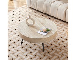 OKWISH Salontafel Rond - Travertin Houtlook - Voor Woonkamer En Kleine Ruimtes - MDF Licht Hout En Zwarte Metalen Poten - 70 Cm