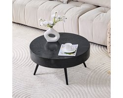 OKWISH Salontafel Rond - Zwarte Houtlook - Voor Woonkamer En Kleine Ruimtes - MDF Zwart Met Metalen Poten - 70 Cm Diameter 35,5 Cm Hoog