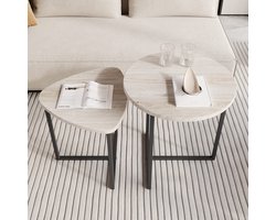 OKWISH Salontafel Set - Nestbare Bijzettafels Met Hartvormig Blad - Voor Woonkamer En Slaapkamer - Metaal Eikenkleur
