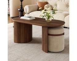 OKWISH Salontafel Set - Ovaal - 3-Delig Met 2 Hockers - Modern Design Met Opberggemak - MDF En Hout - Walnoot - 108×50×44 Cm