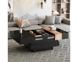 OKWISH Salontafel – Vierkant – 1 Uitneembaar Blad – Zonder LED – Minimalistisch Design met Verborgen Opbergruimte – MDF Zwart – 70x70x39 cm