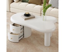 OKWISH Salontafels Koffietafel - Asymmetrische Salontafel Met 2 Discrete Lades - Rond Afgerond Ontwerp - Bijzettafeltjes Woonkamer - 97x64x42 cm - MDF - Wit