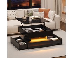 OKWISH Salontafels - Koffietafel Rond Met Verstelbaar Opbergblad - 2 Laden En LED Licht - 65x65x38,5 cm - Spaanplaat - Zwart