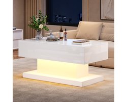 OKWISH Salontafels - Met Liftfunctie En LED Licht - Met Lade Voor Salon - Verhoogbaar Tafelblad - Hout - Wit - 100x50x45 cm