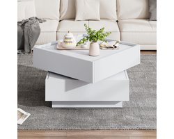 OKWISH Salontafels - Salontafel Met Lade En Draaibare Bovenkant - 2 Etages Opbergruimte - 60x60x38 cm - Spaanplaat - Wit
