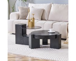 OKWISH Salontafelset - Rond 2-Laags Ontwerp - Uitschuifbaar En Splitsbaar - Woonkamer Of Balkon - MDF En Glas Zwart