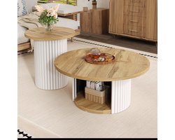 OKWISH Salontafelset Rond - Flexibel Hoofdtafel En Bijzettafel - Woonkamer Scandinavische Stijl - MDF Naturel - 75x75x50 En 45x45x35