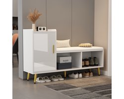 OKWISH Schoenenkast Met Zitbank - Hoogglans Opbergkast Voor Hal En Entree - Wit Met Goudkleurige Details - 120x35x71,5 Cm