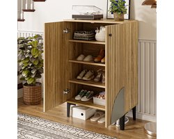 OKWISH Schoenenkast – Modern Plaatsbesparend – 60x32x94 cm – Met Deuren – Lichtbruin MDF – Zwarte Poten – Met Planken En Ruime Opbergruimte Voor Schoenen