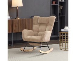 OKWISH Schommelstoel – Hoge Rugleuning 59cm Voor Rug & Nek – 1-Stuk – Cordstof – Modern – Bruin – Met Opbergtas, Verborgen Voetsteun, Houten Poten