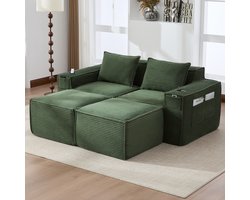 OKWISH Set 188 x 162 x 75 cm - Modulaire 2-Zits Bank Met 2 Hockers, Bekerhouders En Zijvakken - Voor Woonkamer Of Appartement - Corduroy - Groen