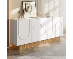 OKWISH Sideboard – U-Relief – 4 Deuren 4 Vak – 160x38x75 cm – Opbergruimte Voor Woonkamer/Eetkamer – Matte Front Met Houtstructuur – Spaanplaat Wit+Bruin