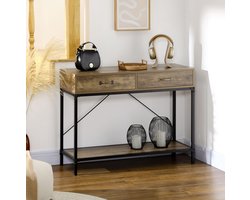 OKWISH Sidetable - Industrieel - 2 Lades - Met Onderplank - Voor Hal En Woonkamer - Hout Zwart - 100 X 35 X 76,5 Cm