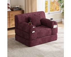 OKWISH Slaapbank 107 x 80 x 81 cm - 1-Zits met Hoge Rugleuning, 2 Bekerhouders en 4 Zijvakken - Voor Kleine Woonruimtes - Ribstof - Wijnrood