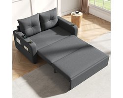 OKWISH Slaapbank 131 x 81 x 94 cm - 3-in-1 2-Zits Met Slaapfunctie, USB, Type-C, Bekerhouders En Zijvakken - Woonkamer - Katoen Linnen - Grijs