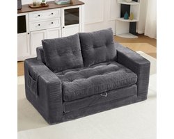 OKWISH Slaapbank 140 x 85 x 67 Cm - 2-Zits Bank Met Uitschuifbare Ligfunctie En Opbergtassen - Woonkamer Of Slaapkamer - Ribfluweel - Donkergrijs