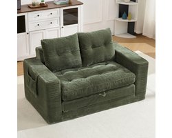 OKWISH Slaapbank 140 x 85 x 67 cm - 2-Zits Uitschuifbare Bank Met Zijvakken - Voor Woonkamer Slaapkamer of Kantoor - Ribfluweel - Groen