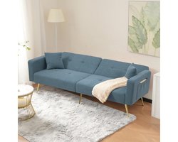 OKWISH Slaapbank 175 X 64 X 72 Cm - Verstelbare Rugleuning Tot Bedstand - Met Zijvakken En Kussens - Lammwollook - Antiek Blauw