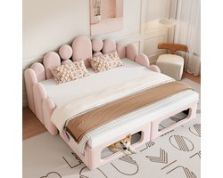 OKWISH Slaapbank 180x200 cm - 2-in-1 Gestoffeerd Bed Met Dierenmand - Uitschuifbaar - Fluweel - Roze - Zonder Matras