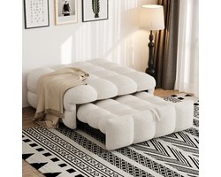 OKWISH Slaapbank 183x76x42cm - 2-in-1 Poef Tot Slaapbank - Uittrekbaar met Slaapplek - met Schuimvulling - Teddy-Stof - Beige - Zonder Matras