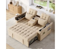 OKWISH Slaapbank 2 Zits 159 X 142,5 X 92 Cm - Verstelbare Rugleuning Met 3 Hoeken - Met Opbergruimte - Katoen Linnen - Beige