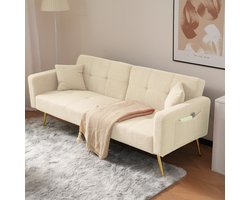 OKWISH Slaapbank - 2-Zits Slaapbank Met Bedfunctie & Verstelbare Rugleuning - Met Kussens, Zijopbergtassen & Vergulde Poten - Zachte Lamswol Stof Voor Elegant Uiterlijk - Woonkamer/Gastkamer - Lamswol - Beige