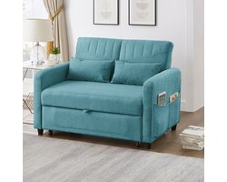 OKWISH Slaapbank 2 Zits - Uittrekbaar Met 3 Standen Rugleuning - Voor Woonkamer Of Slaapkamer - Katoen Linnen - Antiek Blauwgroen