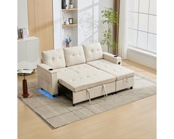 OKWISH Slaapbank 208 X 146 X 89,5 Cm - Opvouwbaar Met Verborgen Opbergruimte En Led Lichtstrip - Voor Woonkamer En Logeerkamer - Stof - Beige