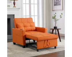 OKWISH Slaapbank 3 In 1 - Eenpersoons Uitschuifbaar Met Bekerhouders En USB Aansluiting - Compact Voor Kleine Ruimtes - Hout Metaal - Oranje