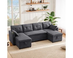 OKWISH Slaapbank - 4-Zits U-Bank Met Uitklapbare Slaapfunctie & Opbergruimte - Extra Brede Zitdiepte Voor Woonkamer En Gezinnen - Katoen-Linnen - Grijs